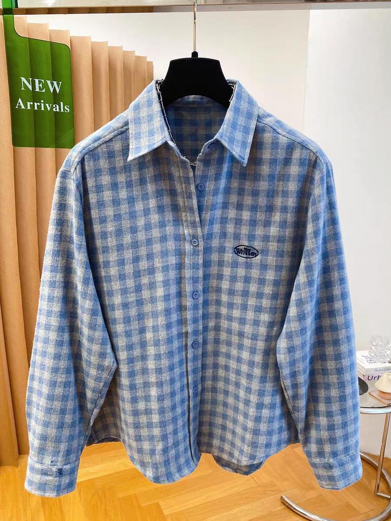 Women's Blue-Gray Plaid Embroidered Lapel Shirt - Korean Style, Relaxed Fit, Soft Brushed, Long Sleeve Layering