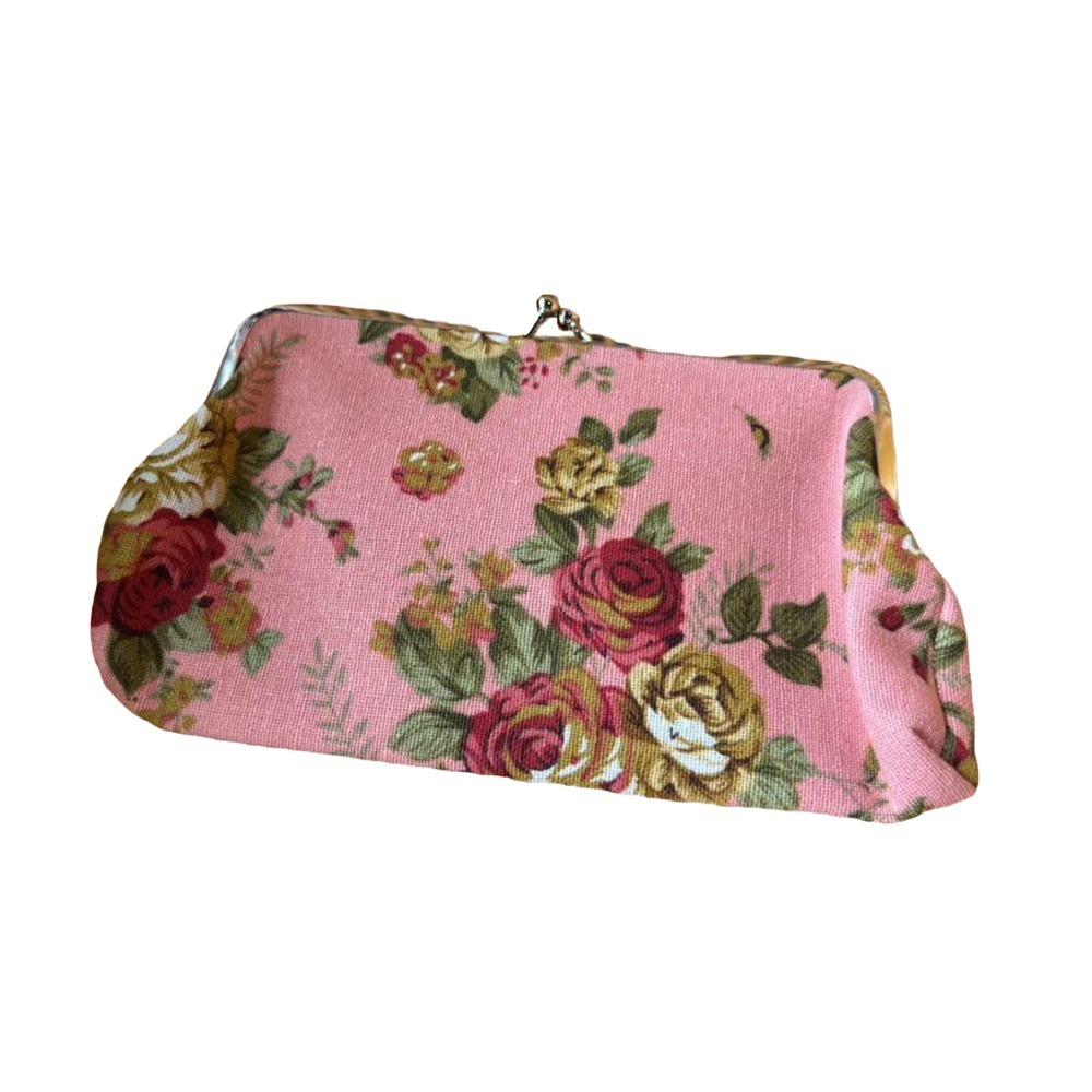 Mode Retro Lange Kus-slot Portemonnee Vintage Bloemen Creditcardhouder Portemonneetje Kleine Portemonnee Bloemen Geld Clutch Tas Dames pink