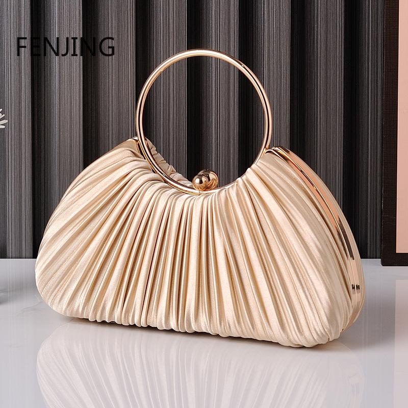 NEW Fashion Pleated Evening Bags for Women Apricot Big Ring Handbags Party Banquet Shoulder Bag Luxury Wedding Purse Pouch