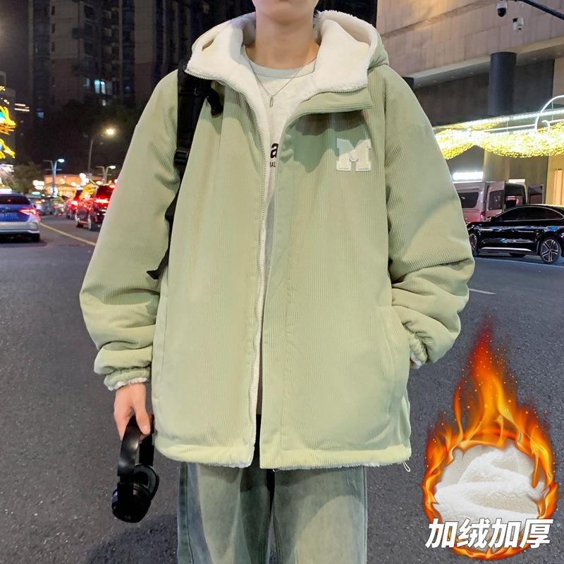 Autumn and Winter Double-sided Coat Fashion Trend Lamb Wool Jacket Hooded Double-sided Coat Green Couple