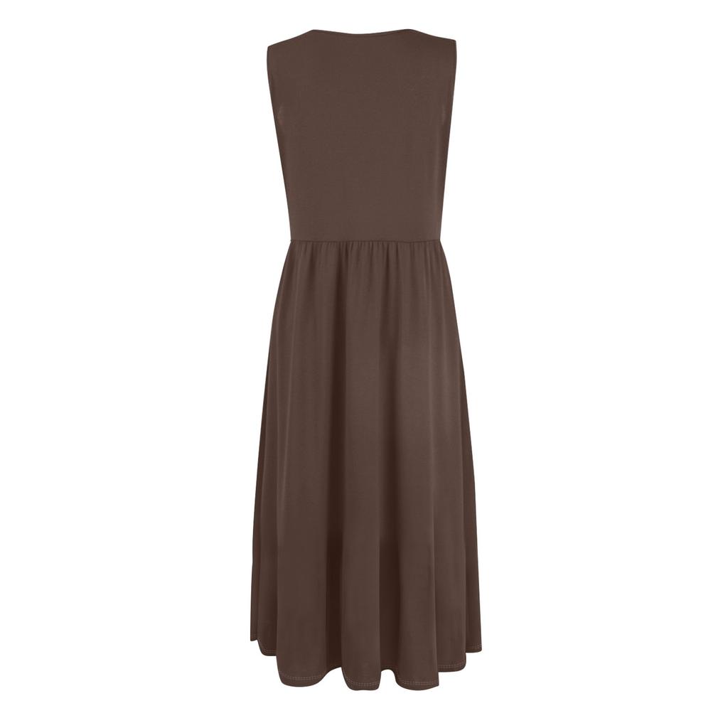 Women's Fashionable Color Round Neck Sleeveless Casual Pullover Pocket Mid Length Dress