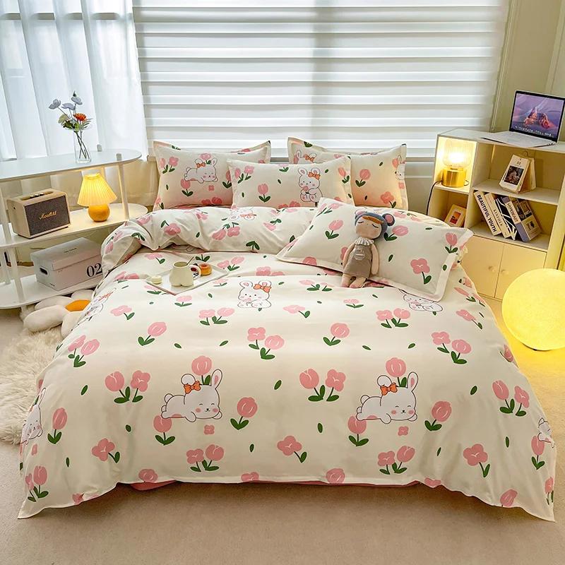 Blue Love Duvet Cover Set Heart Shaped Cute Rabbit Print Bedding Sets For Women Girls Teens Bed Set Flat Sheet Reversible Covers