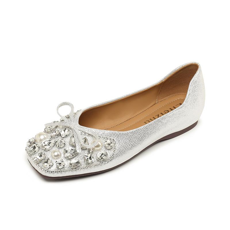 Fashion Soft Leather Fairy Wind Silver Rhinestone Mary Jane Shoes Women's Spring 2025 New Flat Bottom with Skirt Single Shoes