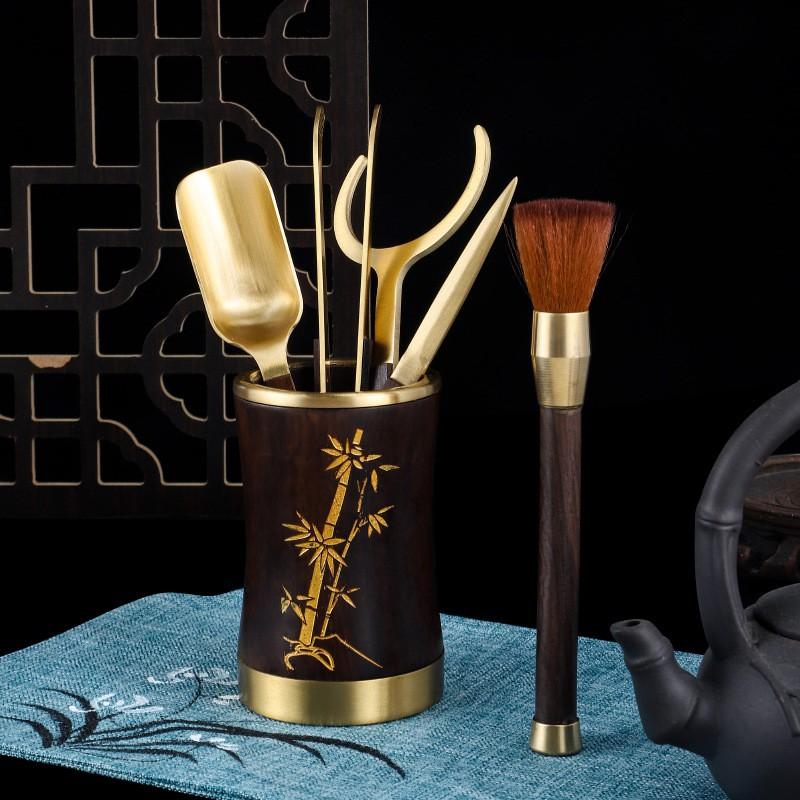 Elegant Brass Ebony Wood Tea Ceremony Six Tools Set Luxury Gift Office Use