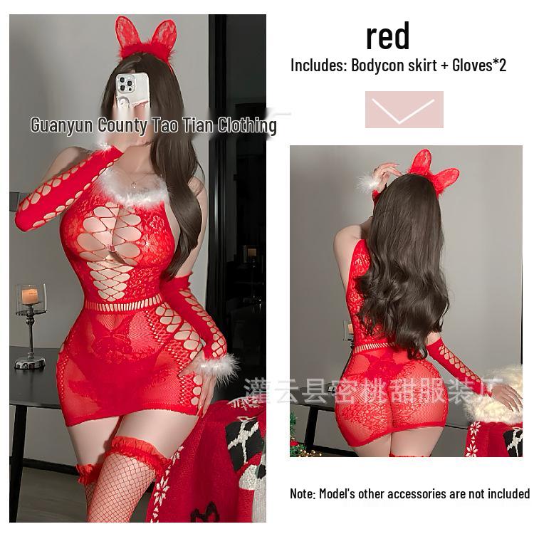 Red Plush Mesh Dress - Sultry Christmas Lingerie & New Year's Eve Attire