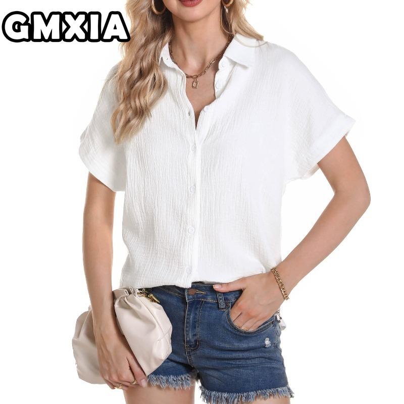 GMXIA Women's Fashion Casual Leisure Solid Color Print Short Sleeve POLO Neck Blouses & Shirts