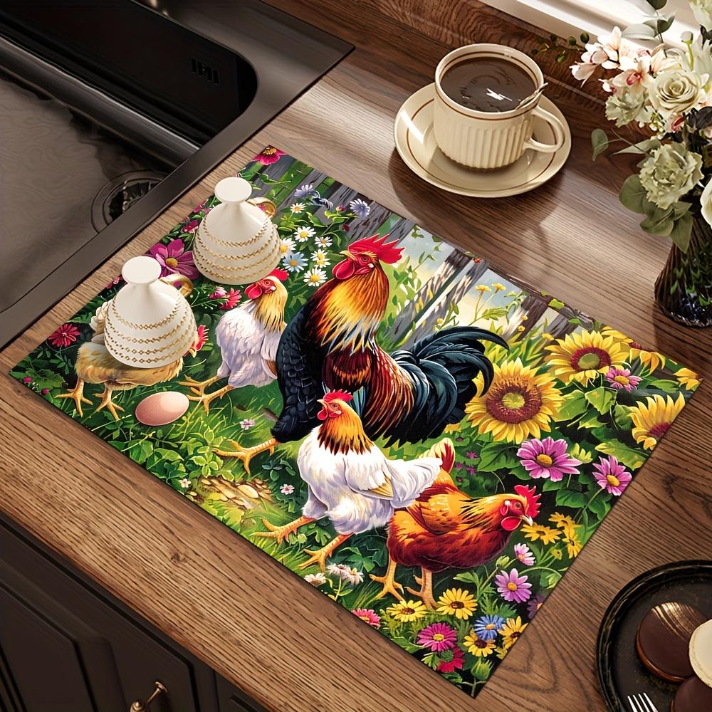 1Pcs Rooster Rubber Drying Mat With Retro Coffee Tableware For Coffee Shop Kitchen Carpet Tableware Durable Diatom Mud Table Mat Pet Coffeeware Mat