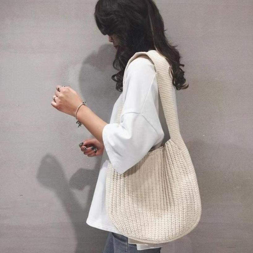 Women's Lightweight Knit Underarm Shoulder Bag Soft Knitted French Tote Casual Daily Handbag Trendy Shoulder Purse