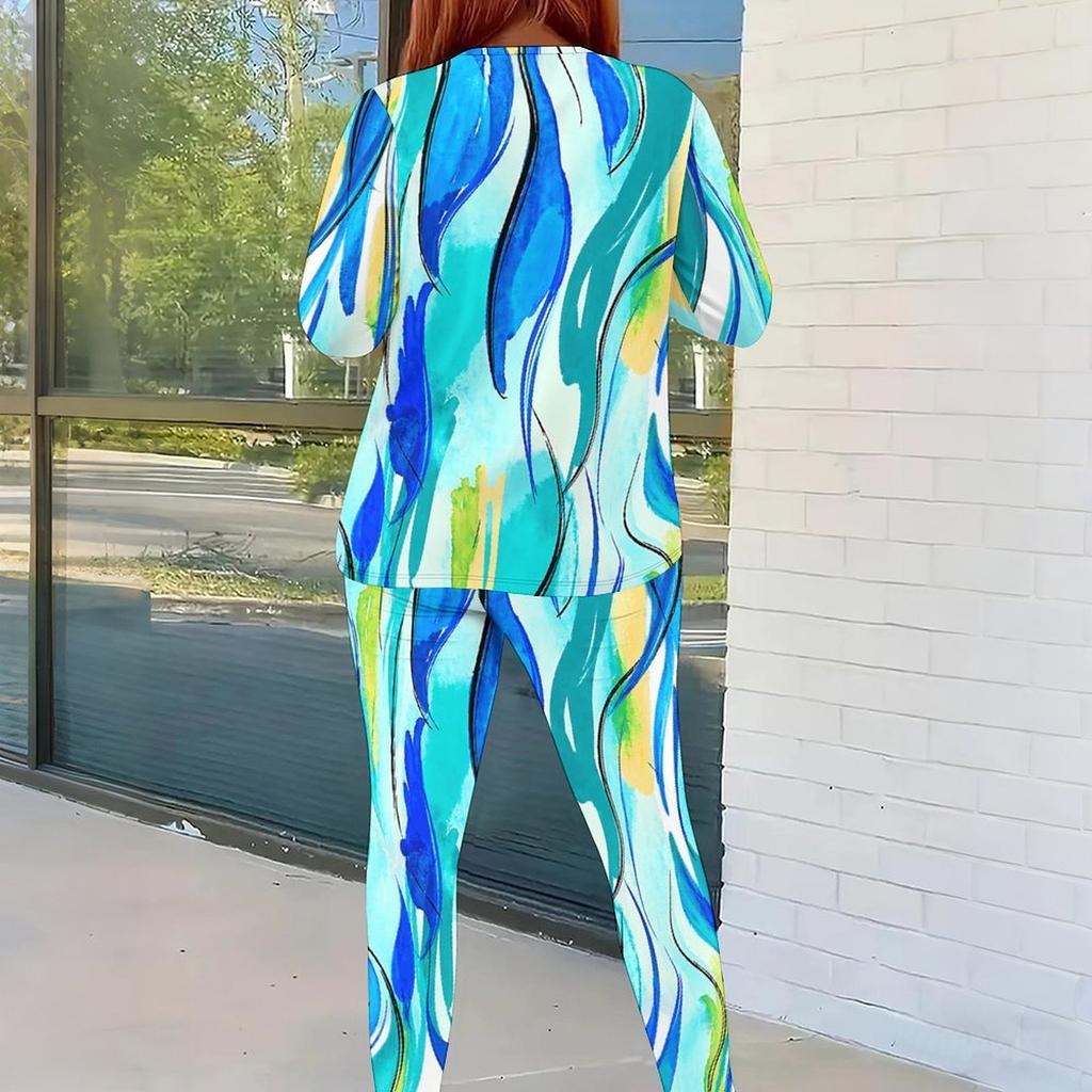 Women Plus Size Round Neck Long Sleeve Printed Blue Pink White Top And Fitted Pants Two Piece Set