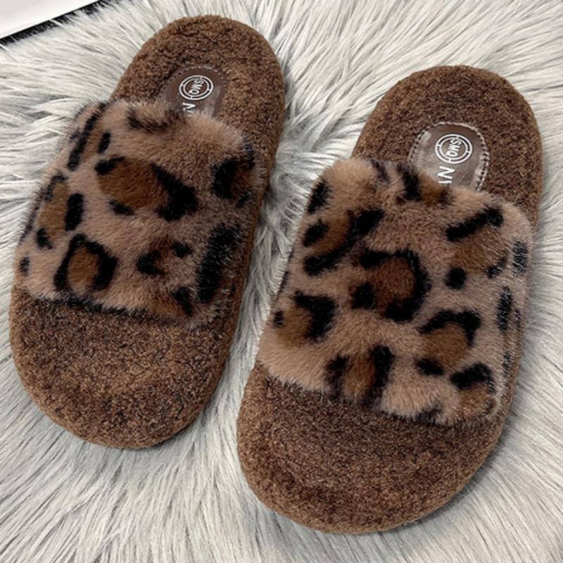 

Модные женские модные плоские тапочки Зимние новые с круглым носком Леопардовые с открытым носком Толстая подошва Противоскользящие Износостойкие Плюшевые туфли 40 хаки
