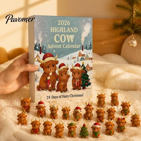 Decorative Acrylic Charms Highland Cow Christmas Advent Calendar with 24 Ornaments, Festive Countdown Unique Decorations Box for Holiday Tree Hanging