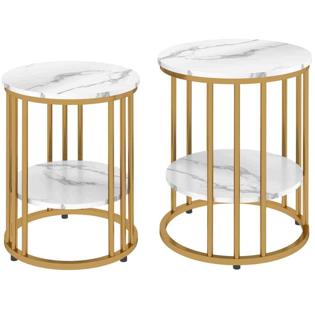 Set of Two Marble-Effect Coffee Tables - White/Gold-Tone