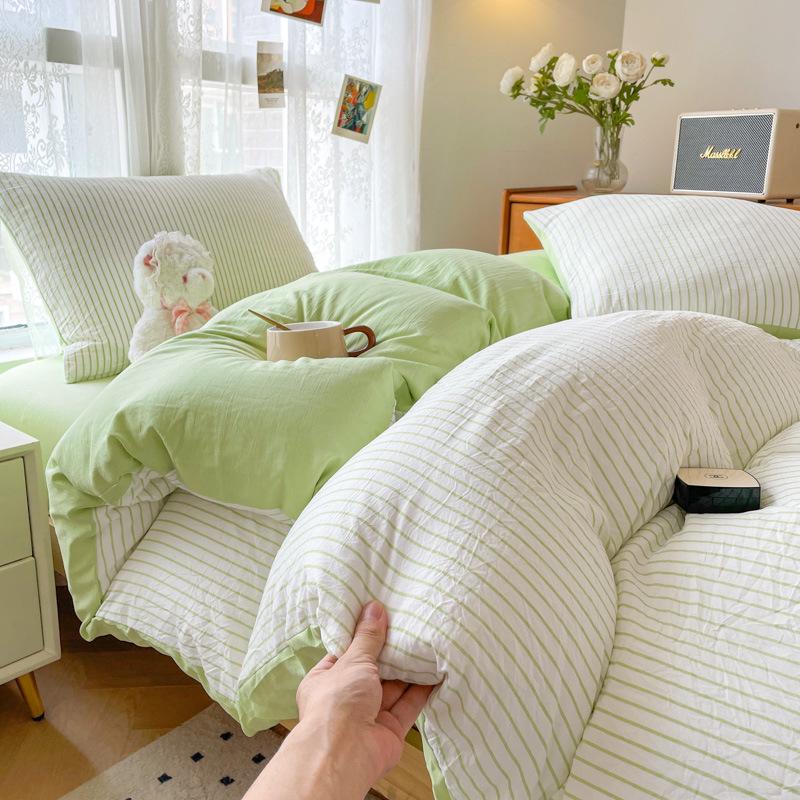 Skin-Friendly Washed Cotton Dorm Three-Piece Set: Stripe Duvet Cover & Pillowcase, Single/Double Size, Class A Quality