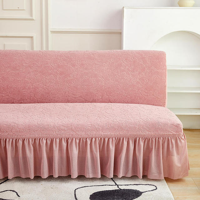 Velvet Jacquard Flower Grid Armless Sofa Cover Washable Elastic Slipcover Fitted Couch Bed Cover With Skirt