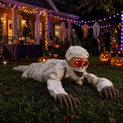 Scary Crawling Mummy Figurine With LED Red Eyes Halloween Indoor Home Decor Creepy Animated Zombie Prop Holiday Party Ornament