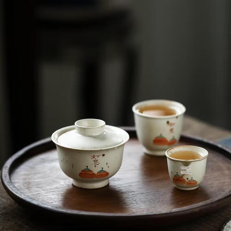 Handmade Ceramic Persimmon Ruyi Tea Set with 1 Bowl and 2 Cups
