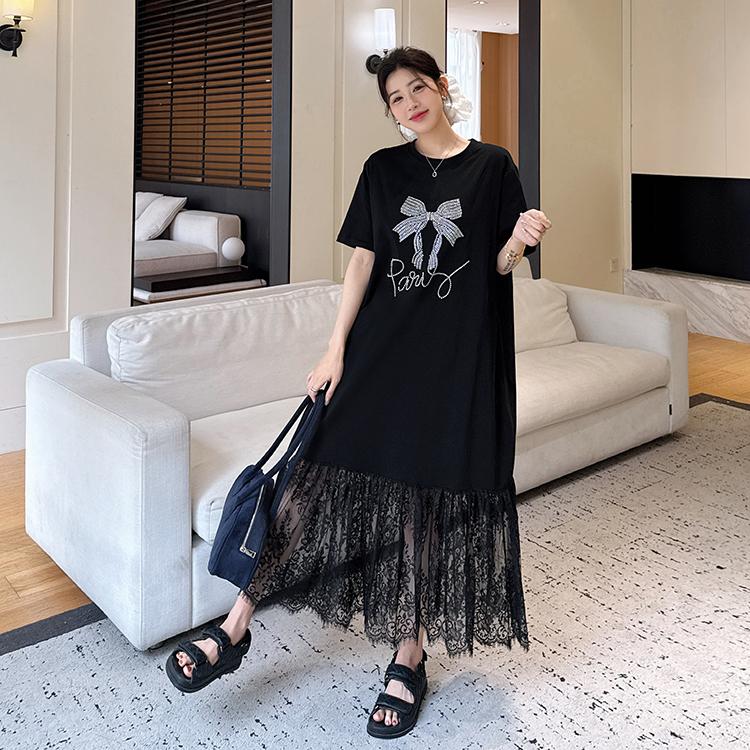 

DIMANAF 2025 Летнее платье больших размеров для женщин Кружевное лоскутное повседневное винтажное платье Базовое элегантное свободное длинное платье 3XL чёрный