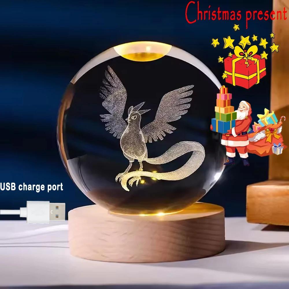 Hot 6cm 3D Crystal Ball Stitch Pikachu Wooden Base with 6cm Crystal Ball Planet Night Light Laser Carving Children's Gifts
