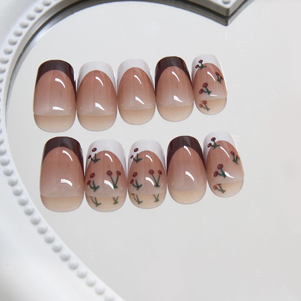 French Tip Press on Nails Medium Length Nails Press Ons 24Pcs Fake Nails Glue on Nails With Cute Little Flowers Stick on Nails Artificial Acrylic