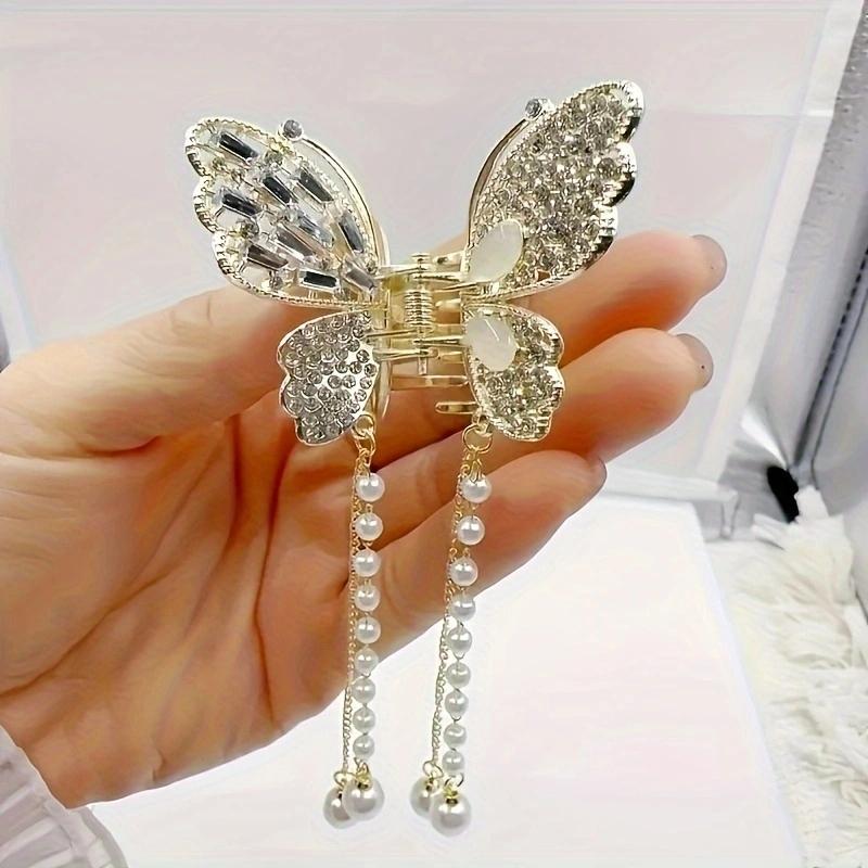 1PC zinc alloy rhinestone butterfly hair ornament, elegant and delicate imitation pearl headdress, high-end retro hair clip, sui
