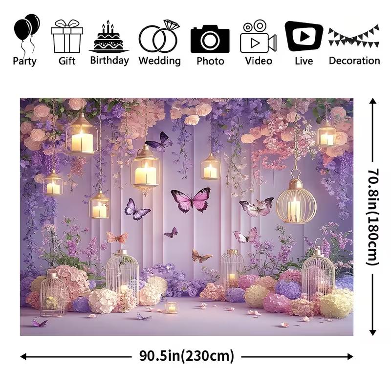 2D Dreamy Purple Floral Backdrop, Lantern & Hydrangea Banner, Girls Birthday Party Decor