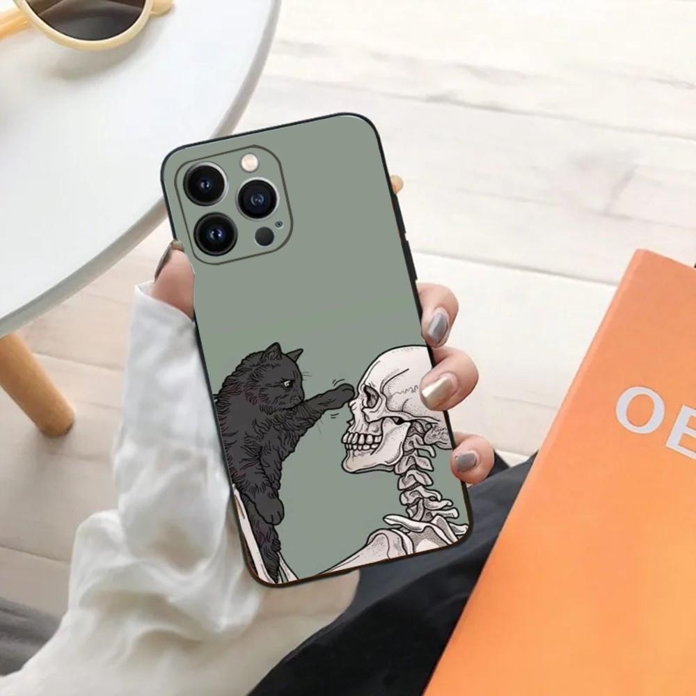 Skeleton Cat Painted Phone Case For iPhone 15,14,13,12,11,Plus,Pro Max,XS,X,XR,SE,Mini,8,7 Soft Silicone Black Cover