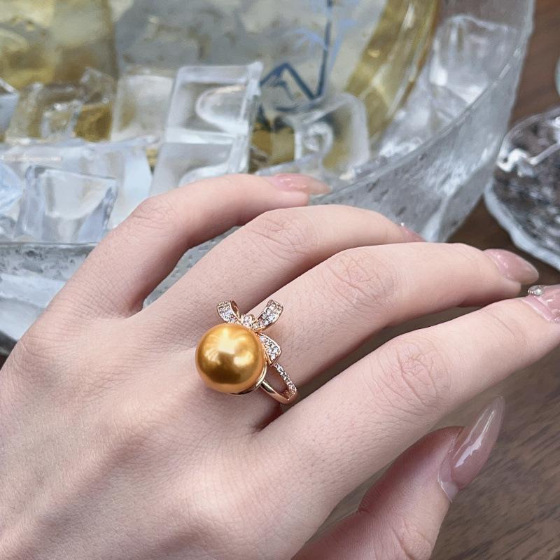 Bow Sparkling Diamond Pearl Ring Women'S High-End Ring Temperament Exquisite Jewelry