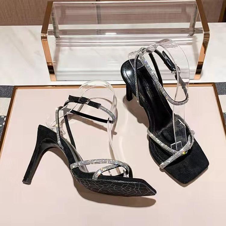 Independent station 2025 new plus-size rhinestone high-heeled sandals sexy wrapping belt square toe thin heel European and American foreign trade wome