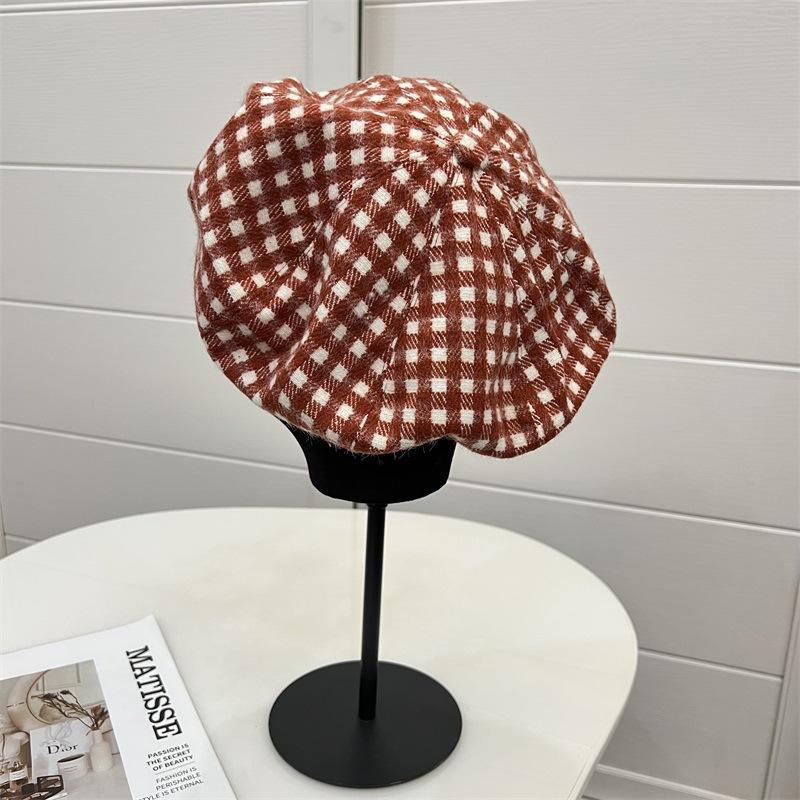 

Pastoral fine checkerboard woolen octagonal hat lady autumn and winter face small clouds beret painter hat M（56-58cm） чорний