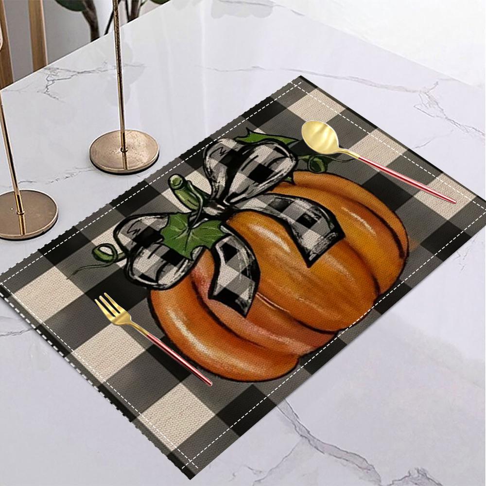 Fall Harvest Table Mat Plaid Pumpkin Gnome Maple Leaf Placemat for Thanksgiving Dinner Fall Party Holiday Table Home Decor