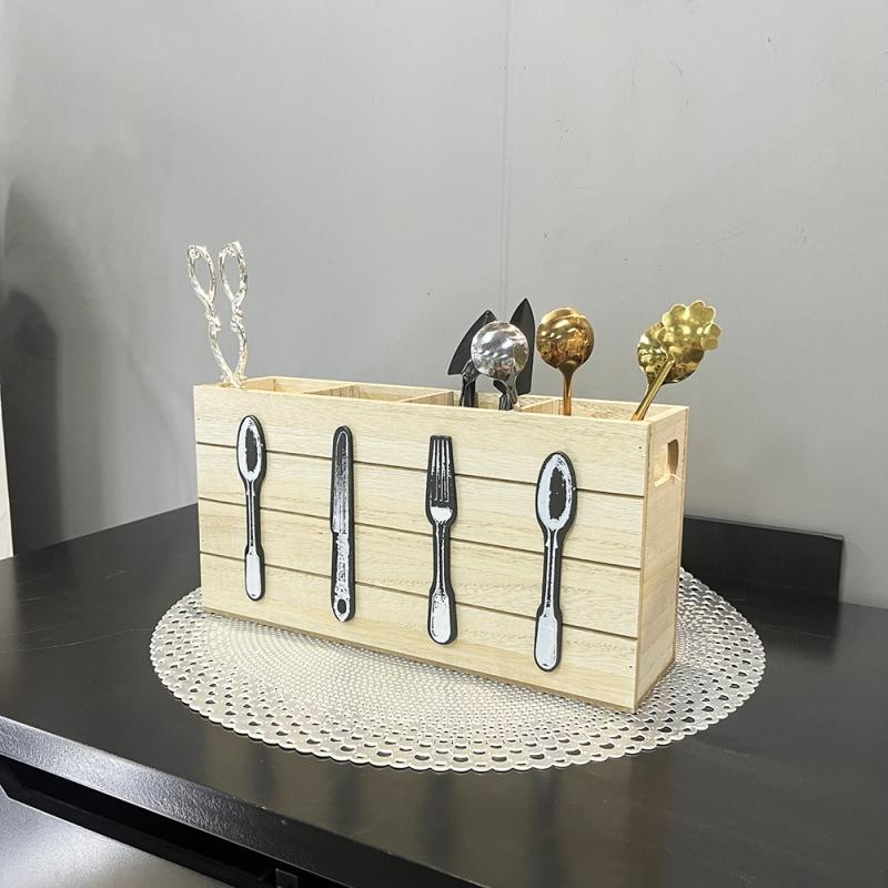 Wooden Cutlery Box Utensil Holder Kitchen Spoon Holder Countertop Organizer Box Utensil Drying Racks Household Storage Box