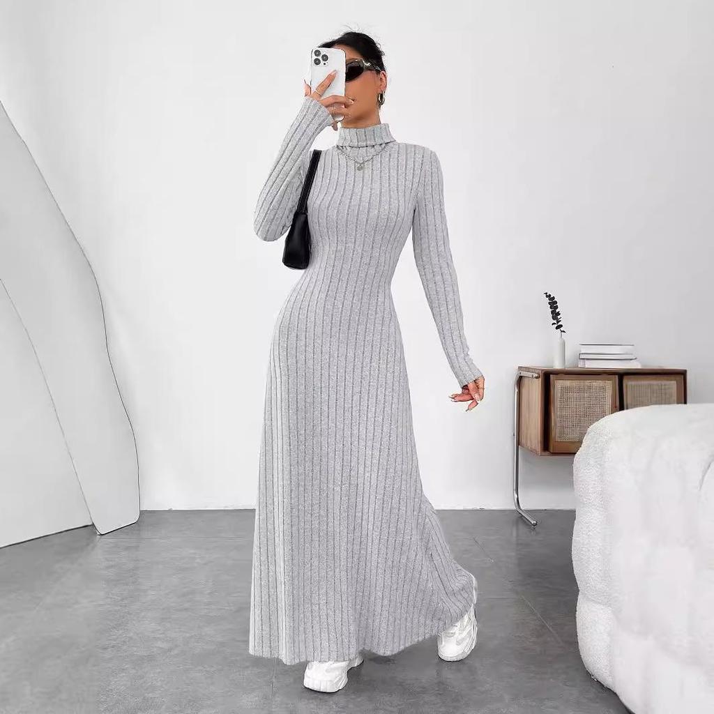 Fashion Slim A-line Maxi Dress for Women Autumn Winter Solid Turtleneck Collar Bodycon Dress Long Sleeve Elastic Knitted Dresses