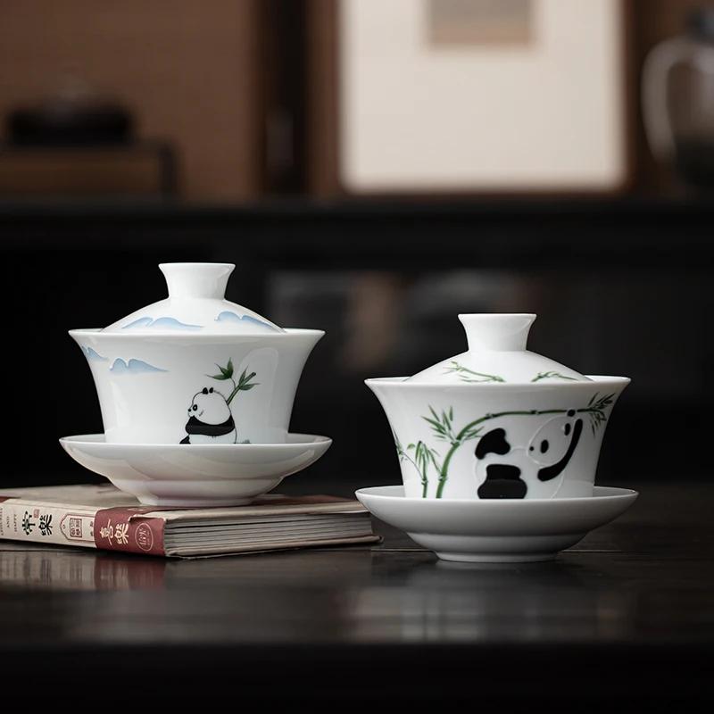 280ml Chinese Hand-painted Panda Ceramic Gaiwan White Porcelain Teacup Household Handmade Tea Bowl Travel Portable Teaware