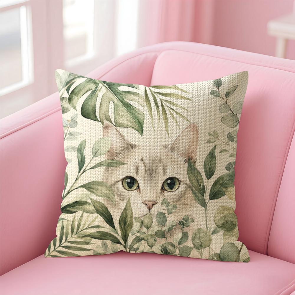 Tropical Jungle Flora Cat Cushion Cover Natural Linen Organic Fabric DoubleSided Printing Sofa Home Decor Gift Pillow Case