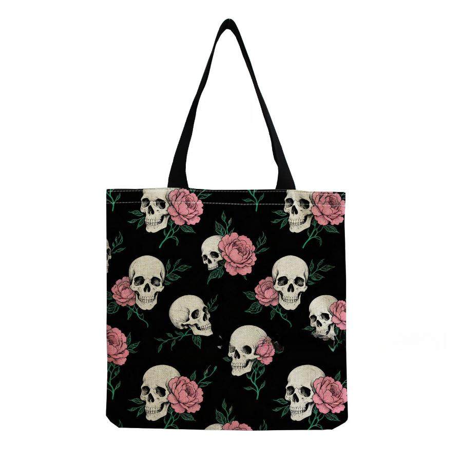 Women Vintage Linen Tote Bag - Large Capacity Skeleton Print Shoulder Handbag for Casual & Grocery Shopping KTB