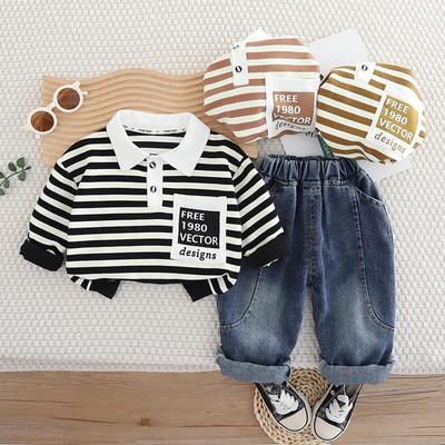 Boys' Long Sleeved Two-piece Set 0-5-year-old Boys' Black and White Striped Polo Shirt Casual Denim Pants Set
