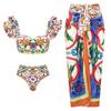 2024 European & American Women's Enamel Print Ruffle Swimsuit Set