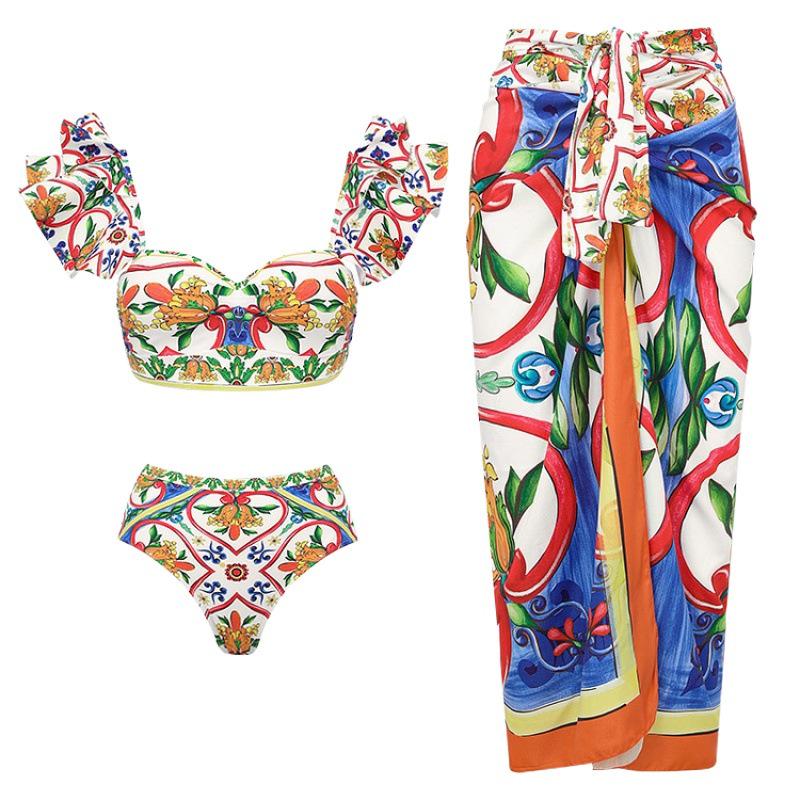 2024 European & American Women's Enamel Print Ruffle Swimsuit Set