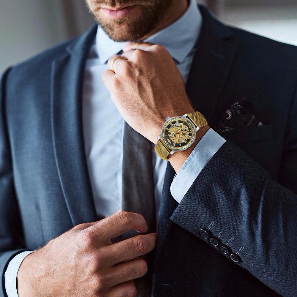 WINNER Altın Saatler Erkekler İskelet Mekanik İzle Kristal Örgü Ince Paslanmaz Çelik Bant Üst Marka Lüks El Rüzgar Kol Saati İş Izle