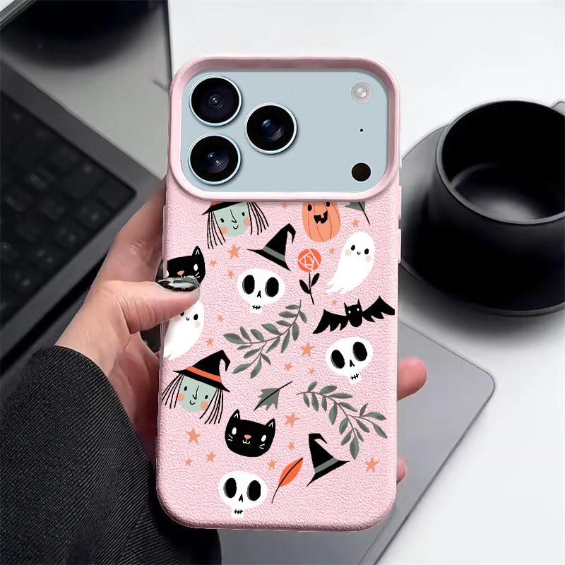Ghost Witch Skulls Print Phone Case For iPhone 17 Pro Max Funda iPhone 16 Pro Max 15 14 13 12 11 16e Air Leather Texture Silicone Soft Cover