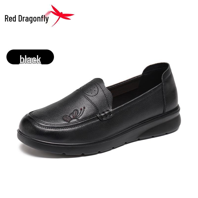 Red Dragonfly Women s Genuine Leather Loafers - Autumn Soft Sole Slip-On Shoes for Middle-aged & Elderly 35 чёрный
