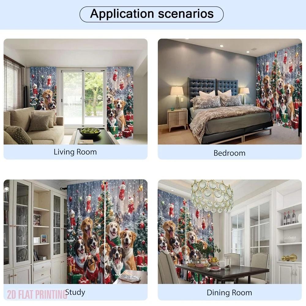 JIT 2pcs Festive Dogs Print Curtain   Christmas Window Decor   Polyester Fabric   Rod Pocket   Holiday Home Decor