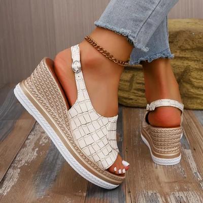 Women's Sandals Wedge Heel One-line Buckle 7.5cm Heel High Shoes Women Leisure Large Size Concise Mature 2025 Sandalias De Mujer