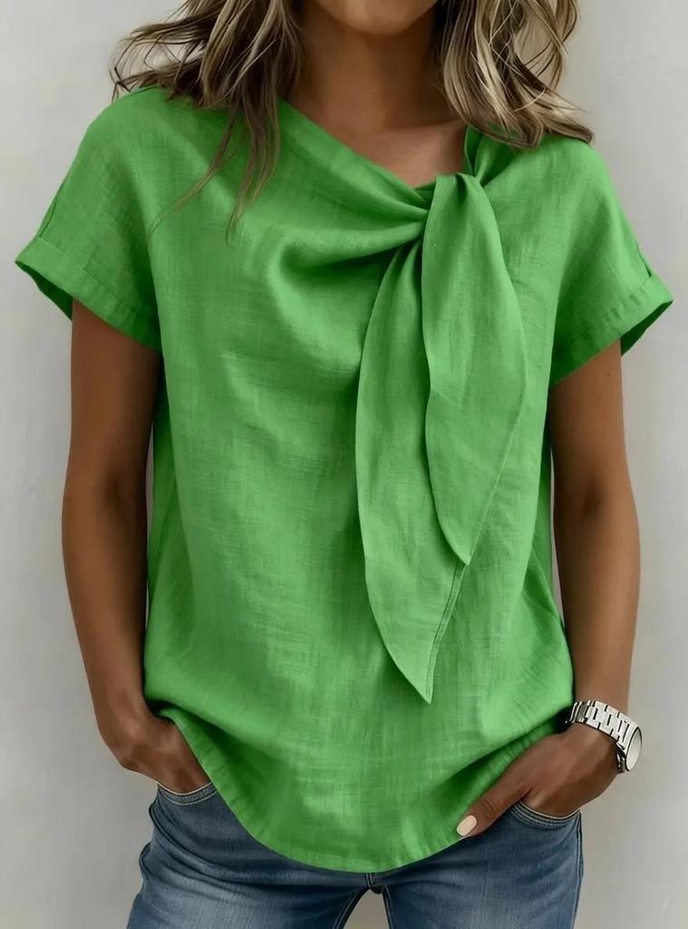 Women's Knot Front Solid Color Linen Blend Short Sleeve Top Loose Fit Casual Summer Blouse