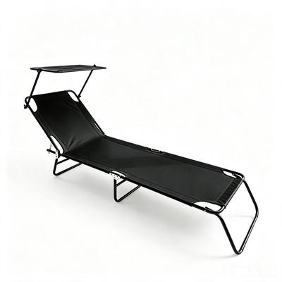 Folding Camping Cot with Sun Canopy, Black, Metal Frame, Polyester Fabric