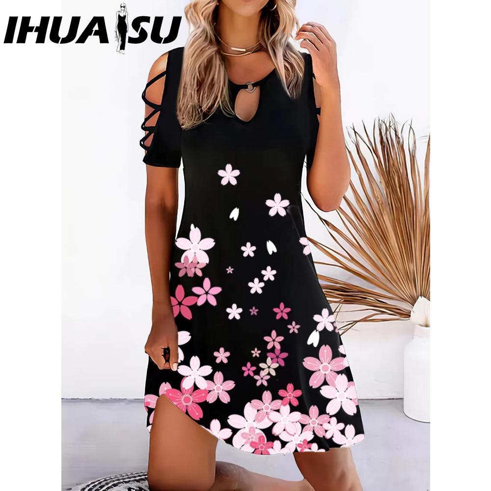 IHUASU 13 Farben Damen Kleid mit Blumenmuster Sommer Sexy Kurzarm O-Ausschnitt Mini Kleider Weiblich Vintage Elegantes Kleid