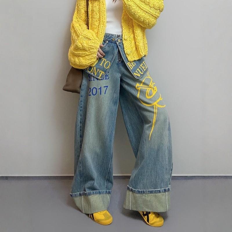 High-Waisted Wide-Leg Denim Pants Women With Overlap Waist Panel Print Streetwear Loose Fit 2025