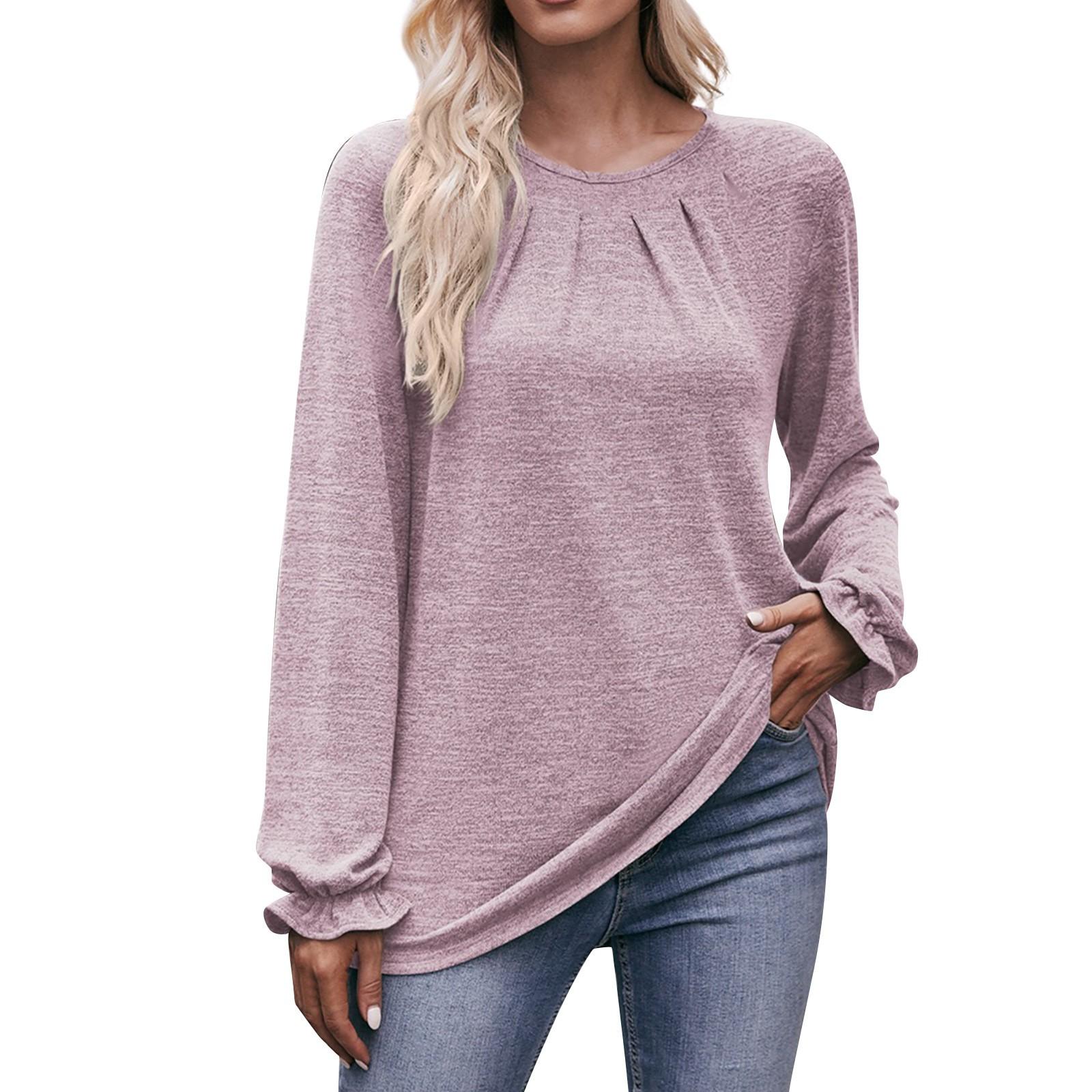 

Женские Топы Дамский Отдых Круглый Вырез Плиссированная Футболка Длинные Рукава Модные Топы XL