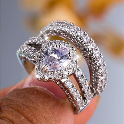 Luxurious 2pcs Set of Elegant Pear White Cubic Zircon Engagement Rings for Women Weddings Jewelry Gifts