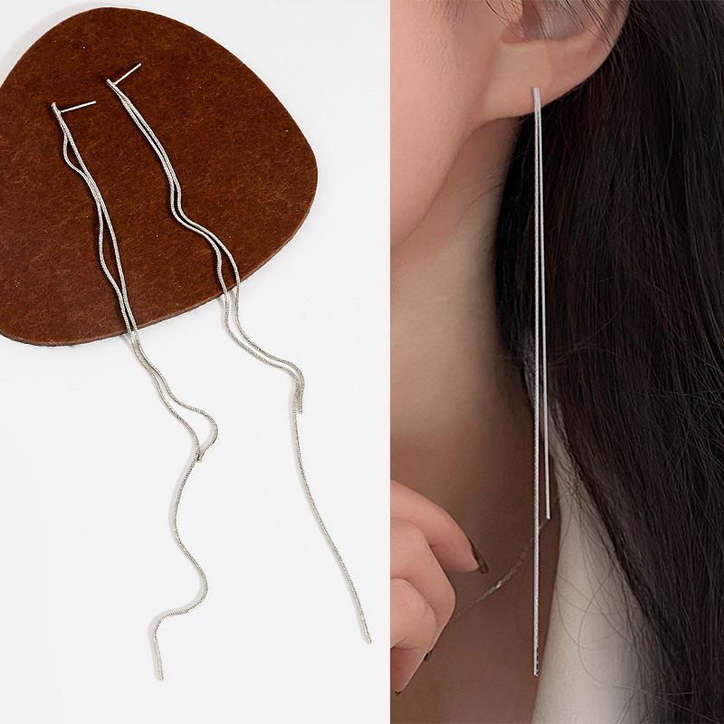 925 Silver Extra Long Tassel Ear Thread Earrings - Celebrity Inspired Cold Style Chain Studs